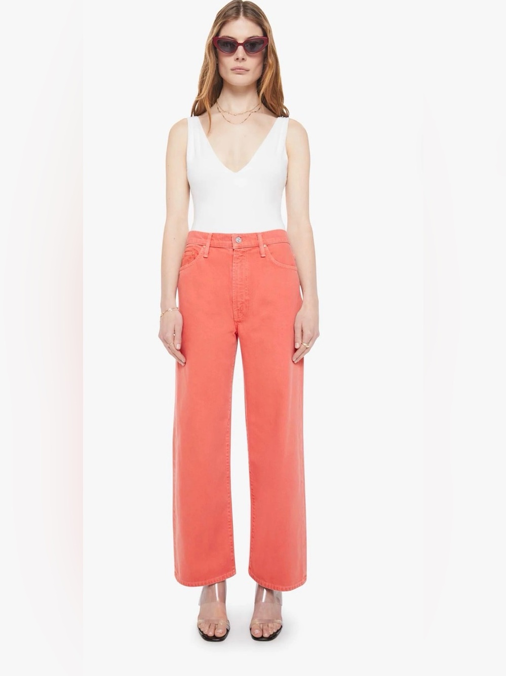 MOTHER Coral Pink High-Rise Cropped Wide Leg Jeans